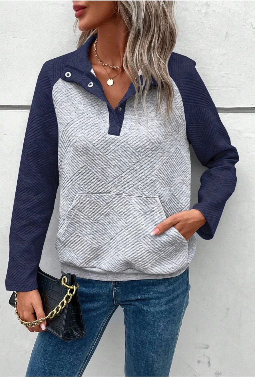 Shewin Women's Gray Textured Splicing Sweatshirt with Kangaroo Pocket & Raglan Sleeves