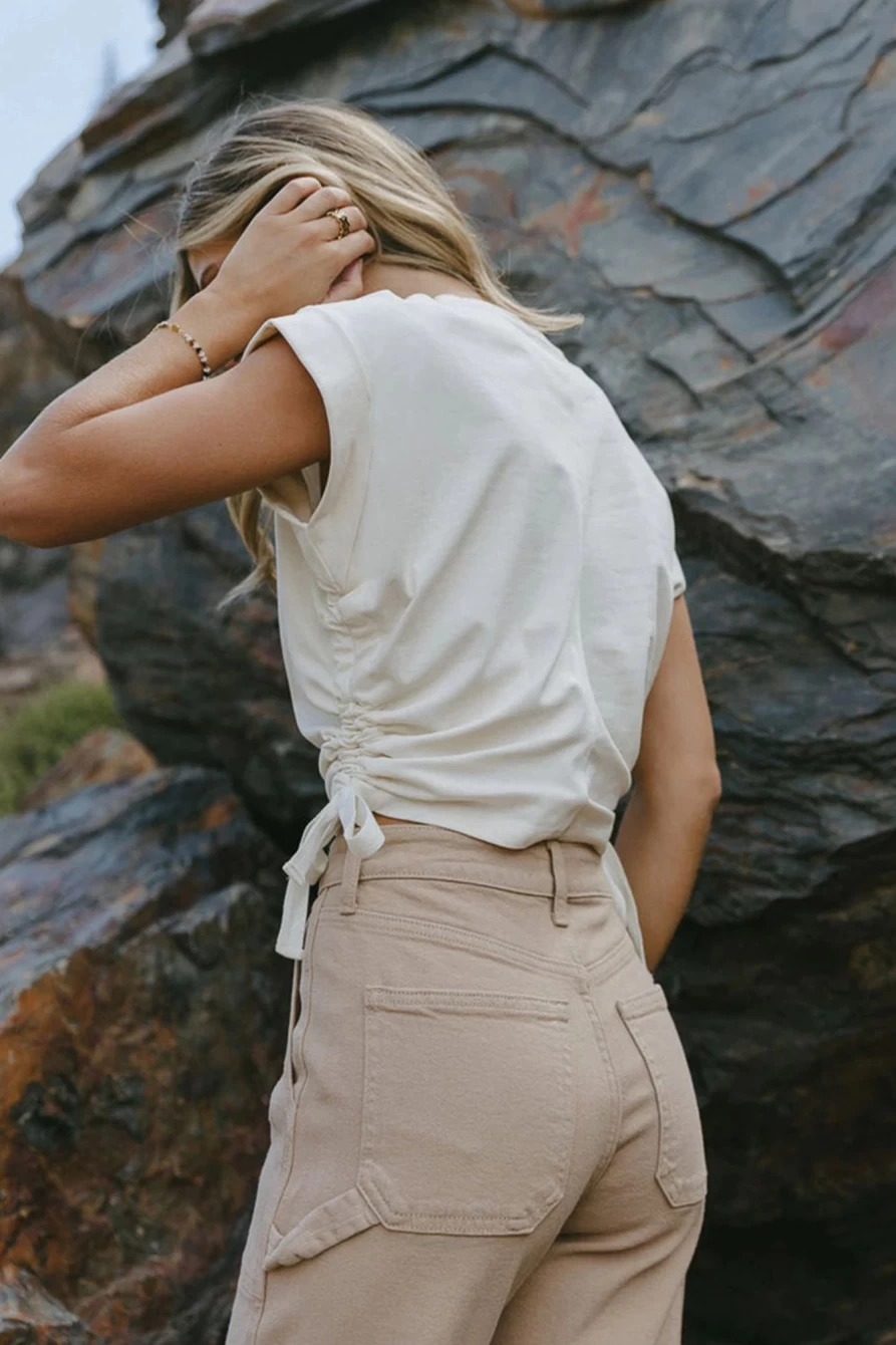 Women's White Center Seamed T-Shirt with Side Drawstring & Cap Sleeve | Shewin