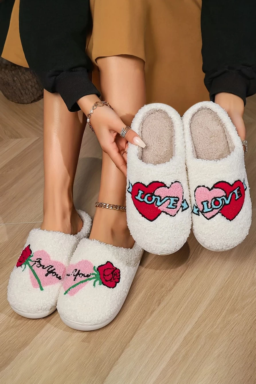 Shewin Women's White Valentine's Day Plush Slippers with Double Heart Design