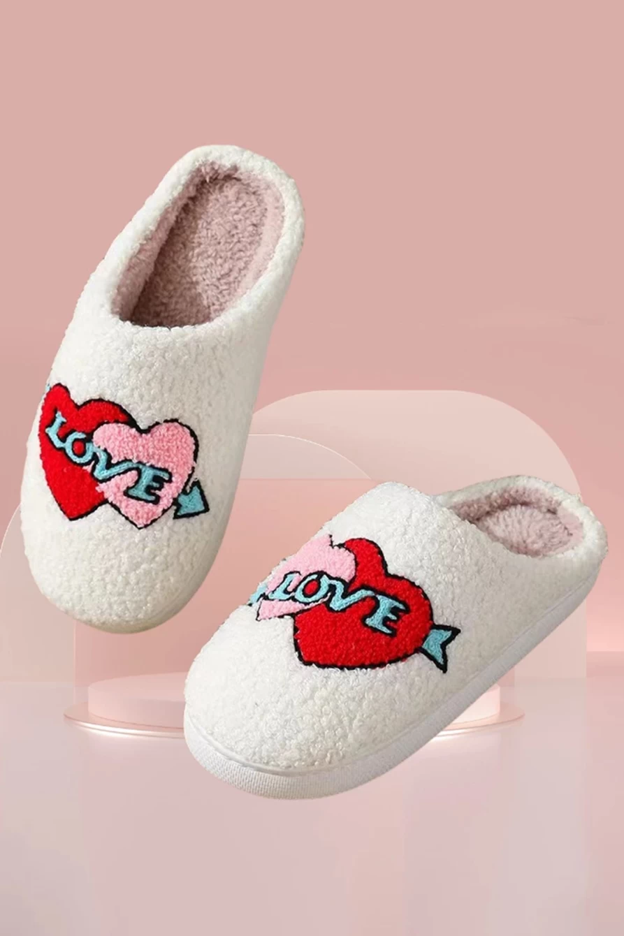 Shewin Women's White Valentine's Day Plush Slippers with Double Heart Design