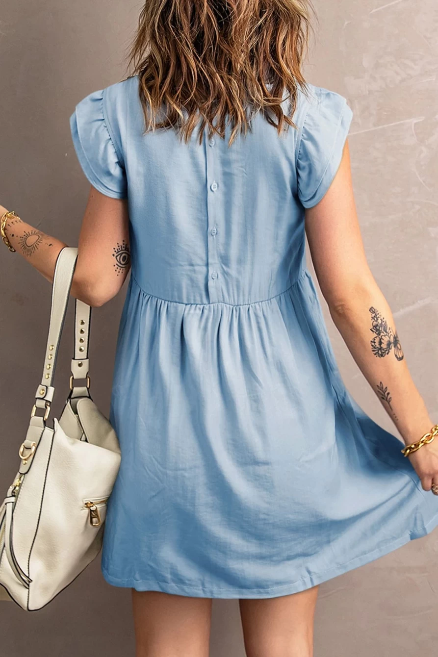 "SheWin Women's Sky Blue Lip Print Denim Dress with Ruffle Sleeveless Design"