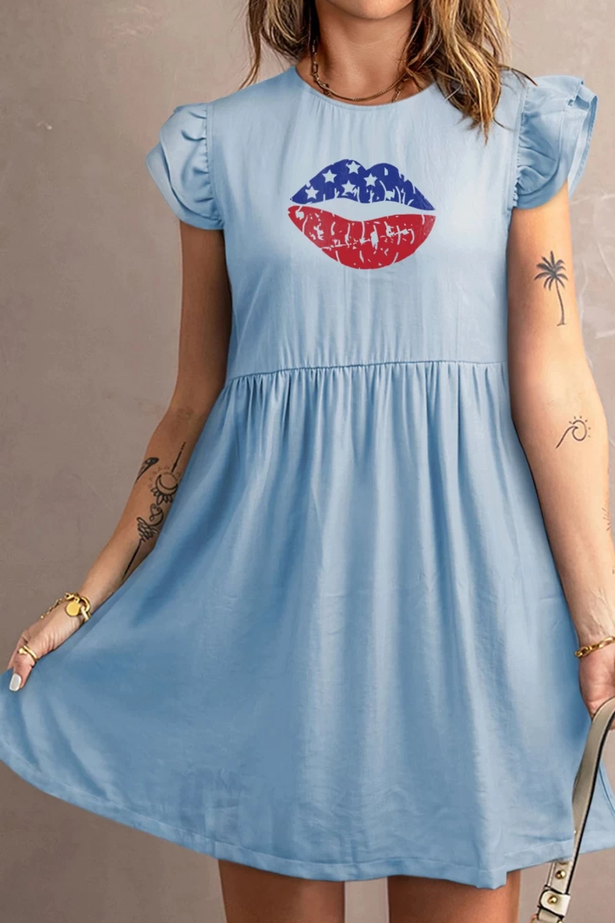 "SheWin Women's Sky Blue Lip Print Denim Dress with Ruffle Sleeveless Design"