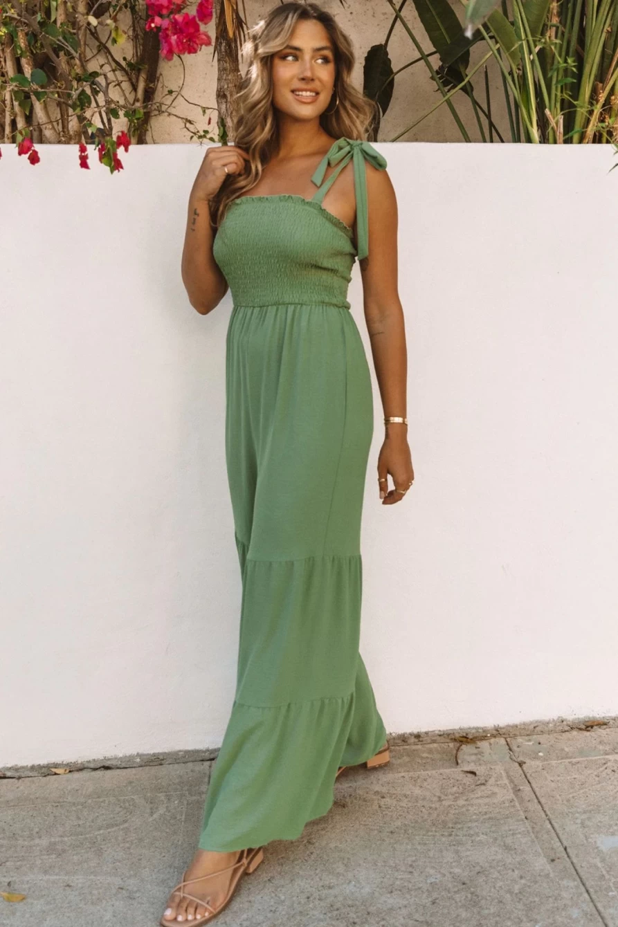 Shewin Women's Green Tie Straps Shirred Casual Tiered Wide Leg Jumpsuit