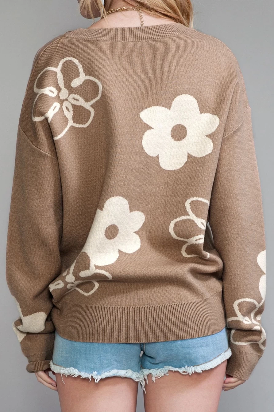 Shewin Women's Camel Floral Print Ribbed Contrast Sweater - Elegant Knit Top