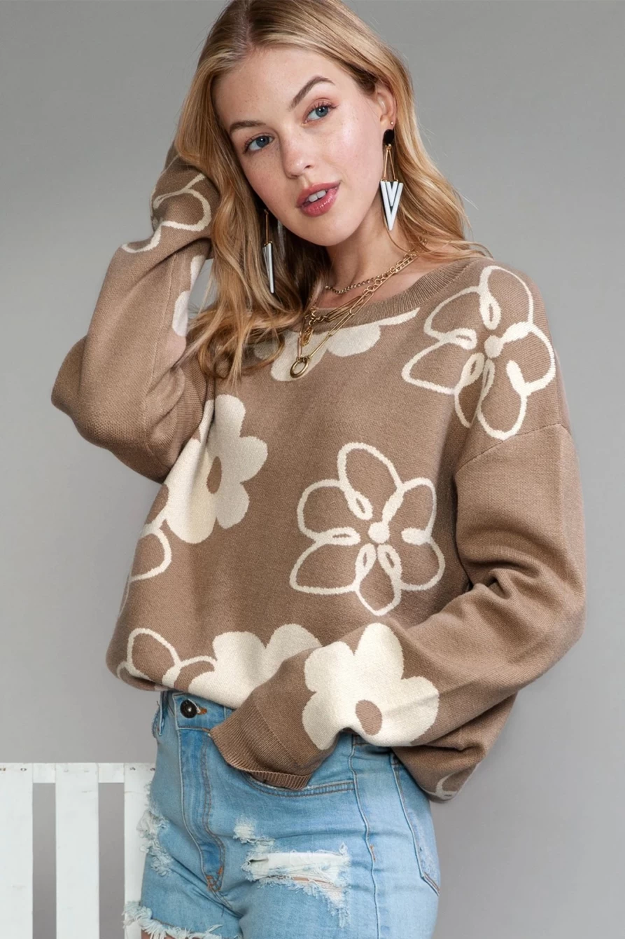 Shewin Women's Camel Floral Print Ribbed Contrast Sweater - Elegant Knit Top
