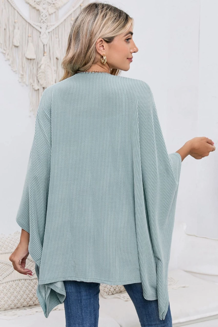 "Shewin Women's Sky Blue Textured Lace Trim Open Front Kimono Cardigan"