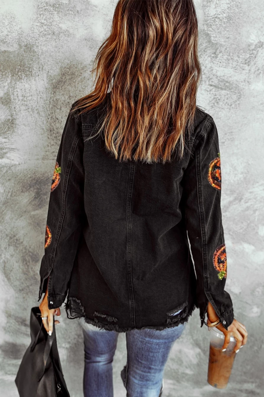 Shewin Women's Black Sequined Pumpkin Face Distressed Denim Jacket - Edgy Graphic Embellished Fall Outerwear