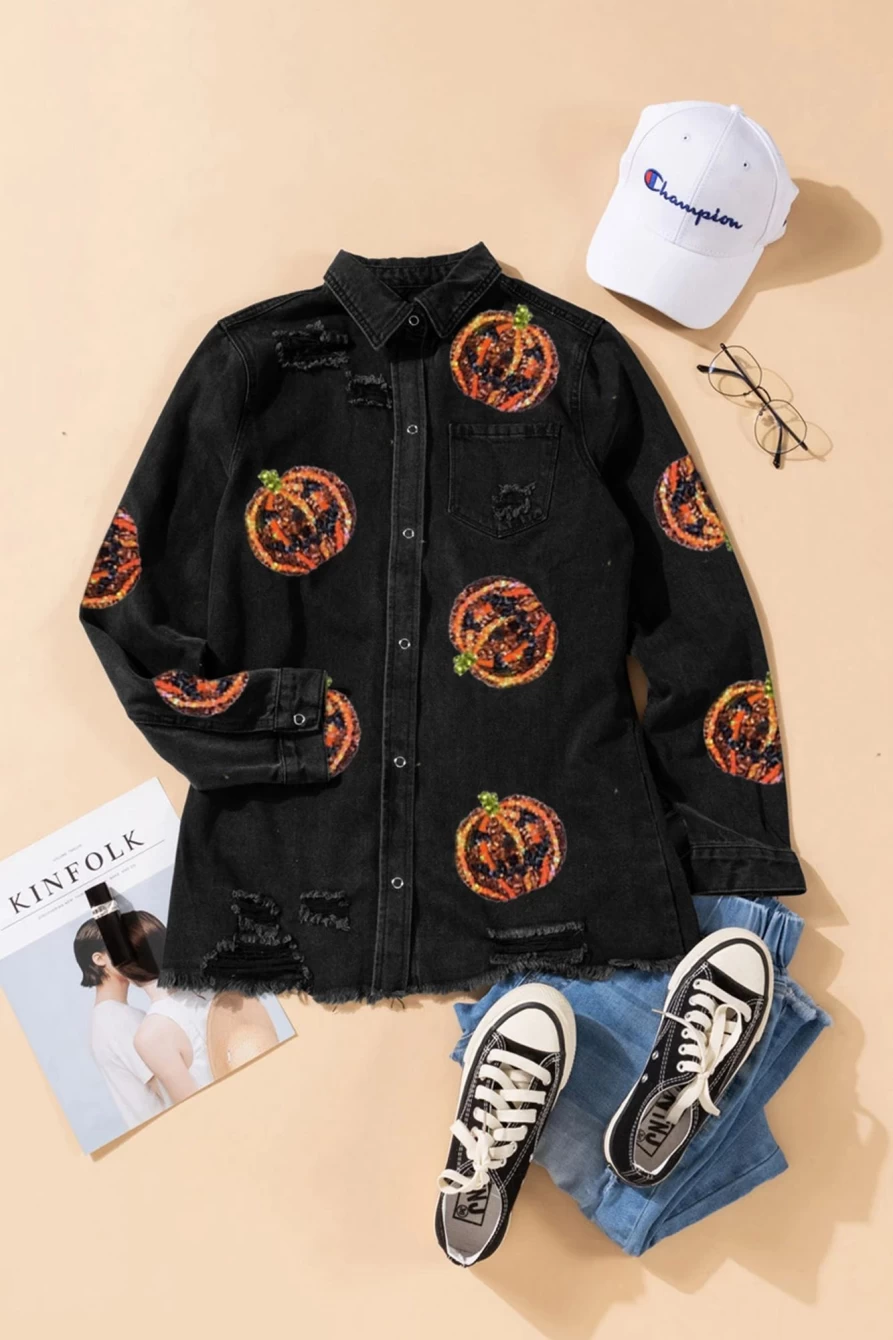 Shewin Women's Black Sequined Pumpkin Face Distressed Denim Jacket - Edgy Graphic Embellished Fall Outerwear