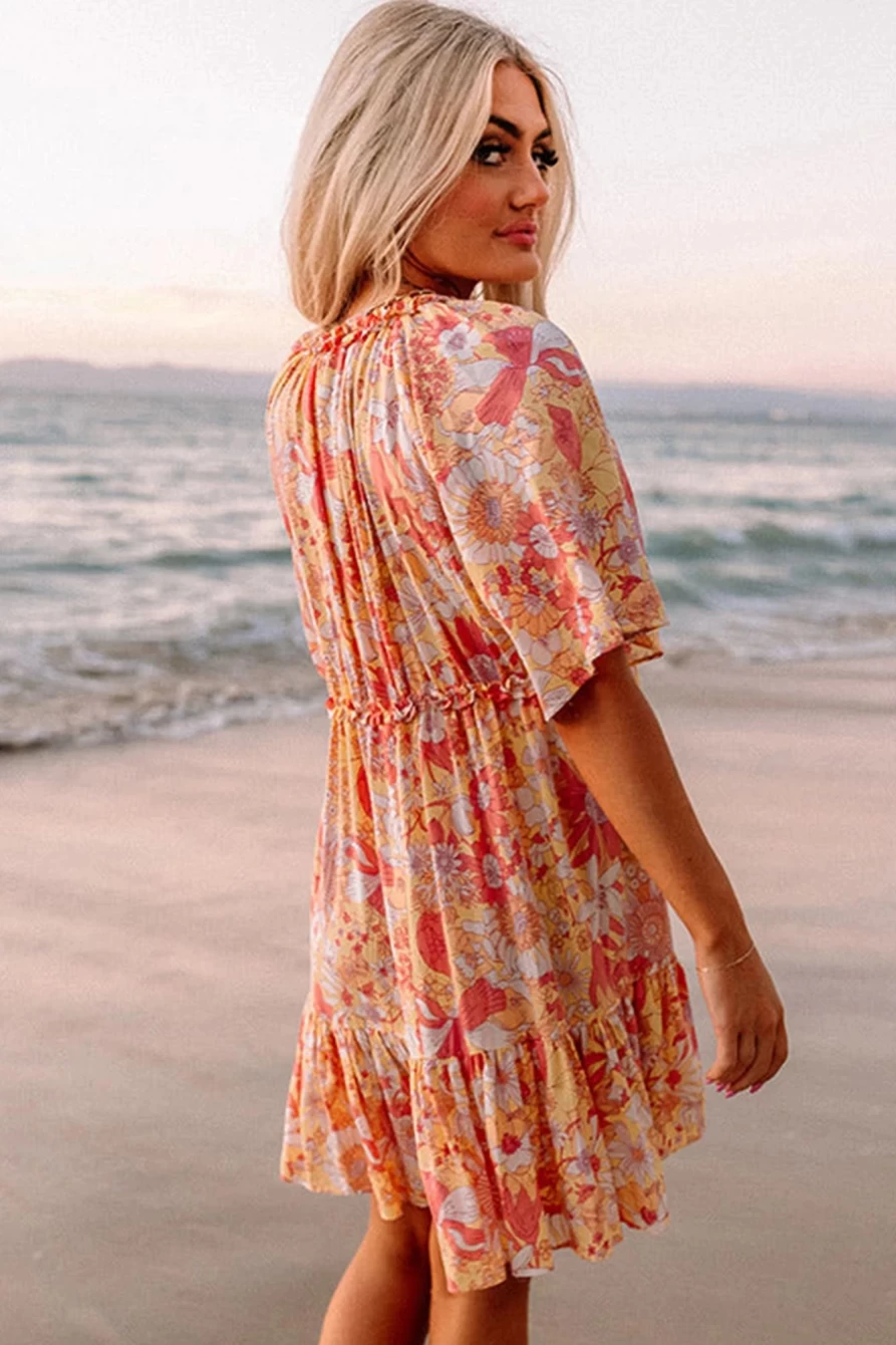 Shewin Women's Orange Floral V-Neck Dress with Wide Flutter Sleeves