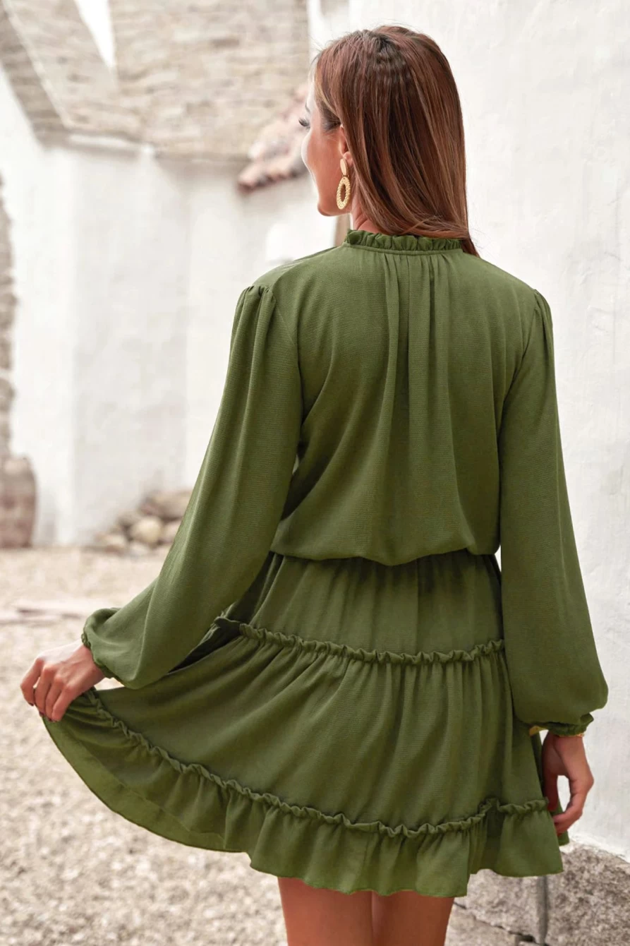 Shewin Women's Green Olive Tiered Casual Dress with V-Neck and Lantern Sleeves