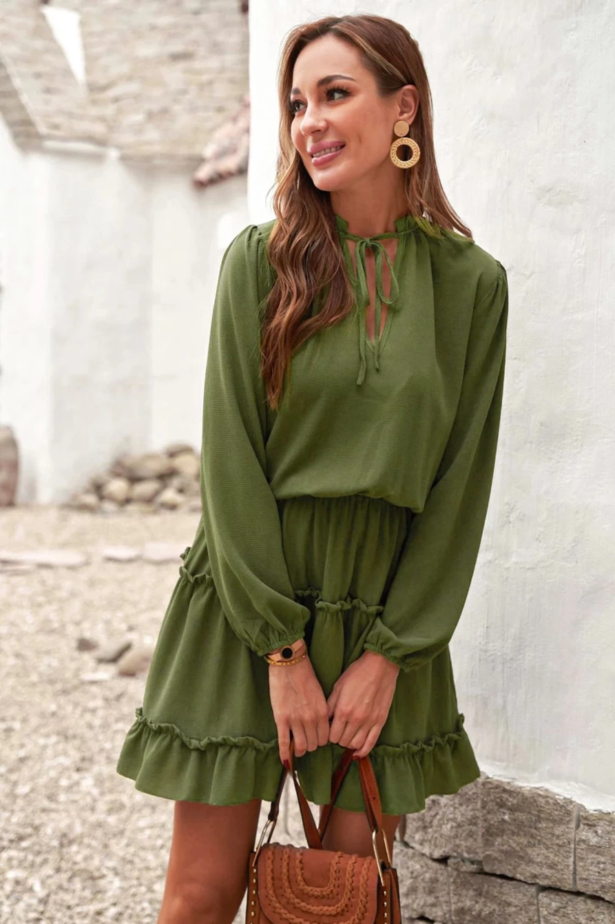 Shewin Women's Green Olive Tiered Casual Dress with V-Neck and Lantern Sleeves