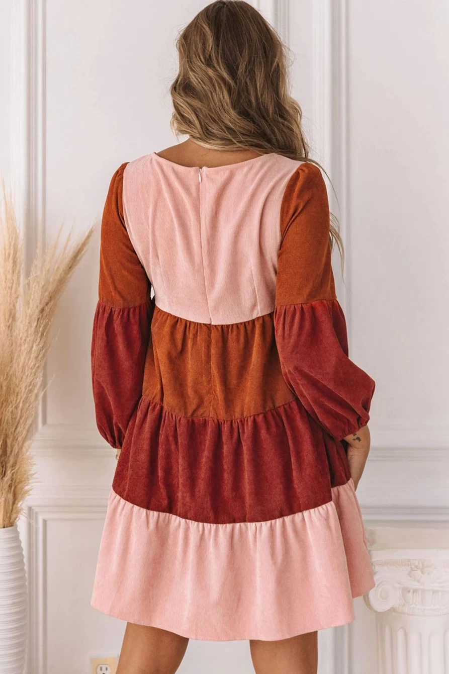 Shewin Women's Multicolor Corduroy Dress with Square Neck, Tiered Pleated Design, and Block Pattern