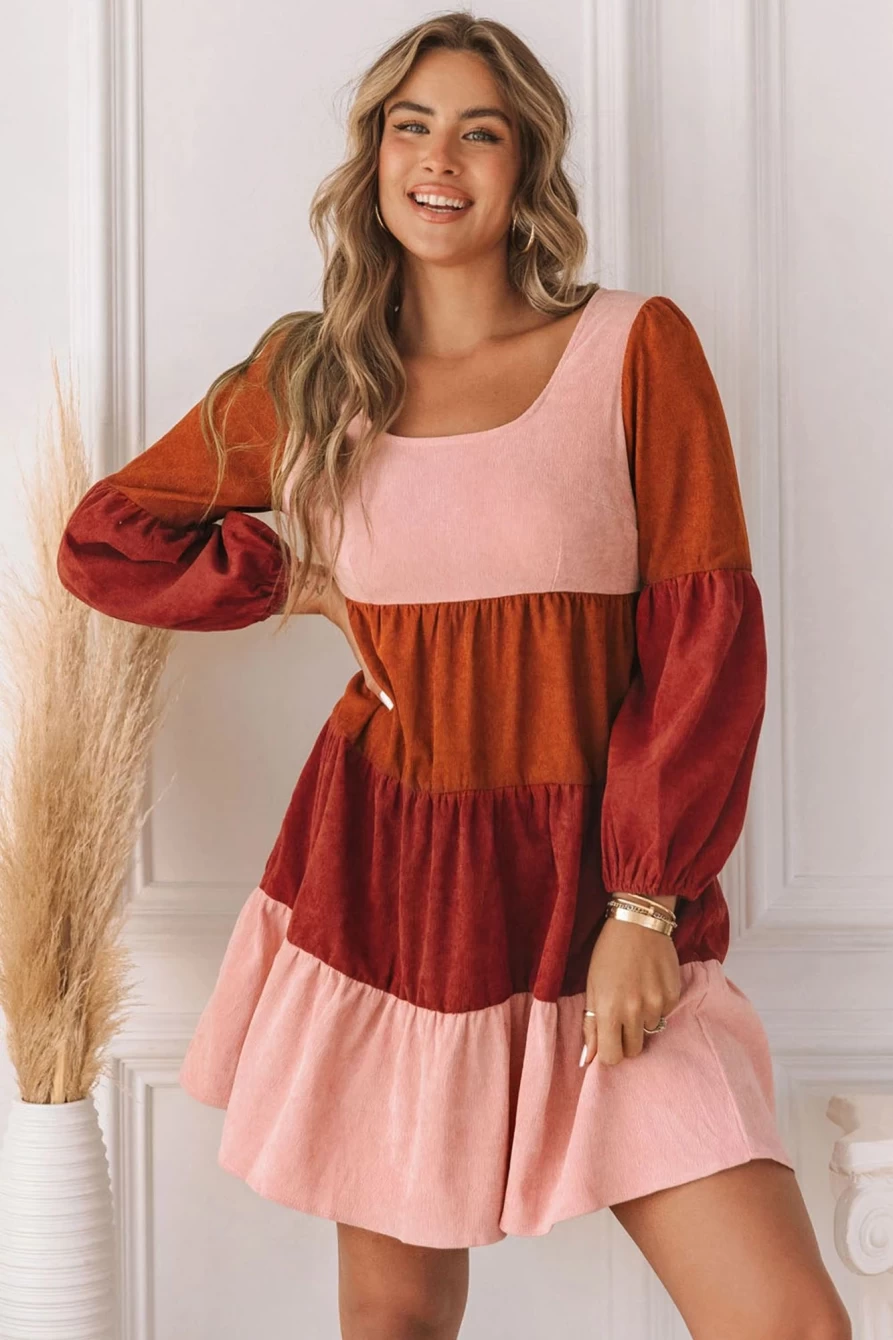 Shewin Women's Multicolor Corduroy Dress with Square Neck, Tiered Pleated Design, and Block Pattern
