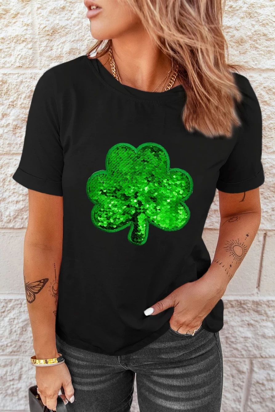 Shewin Women's Black Sequin Clover Embroidered Graphic Tee Round Neck T-Shirt