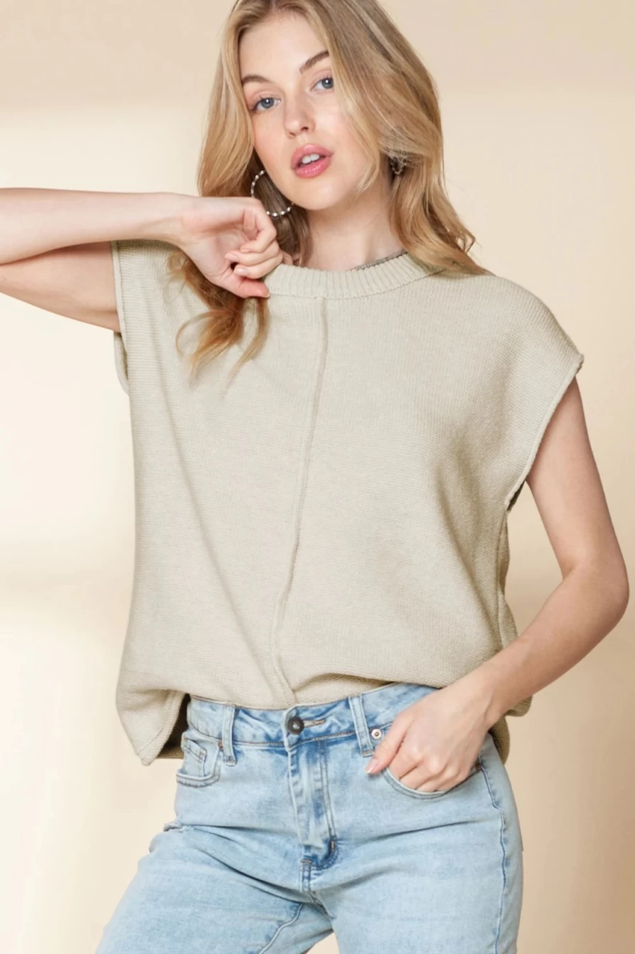 Shewin Women's Oatmeal Solid Knitted T-Shirt with Cap Sleeve and Center Seam
