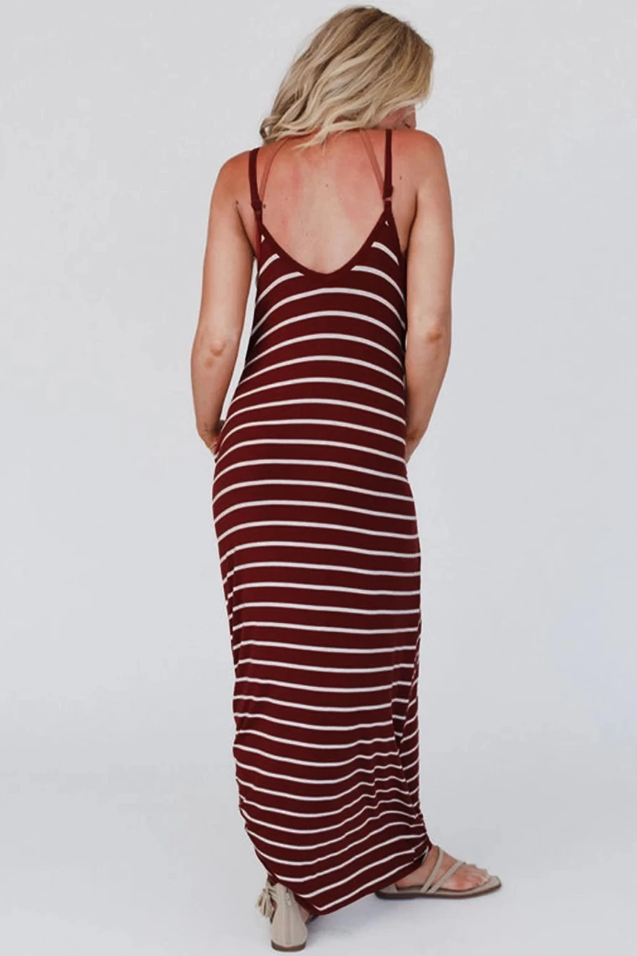 Shewin Women's Red Stripe Print Side Pockets Spaghetti Straps Maxi Dress