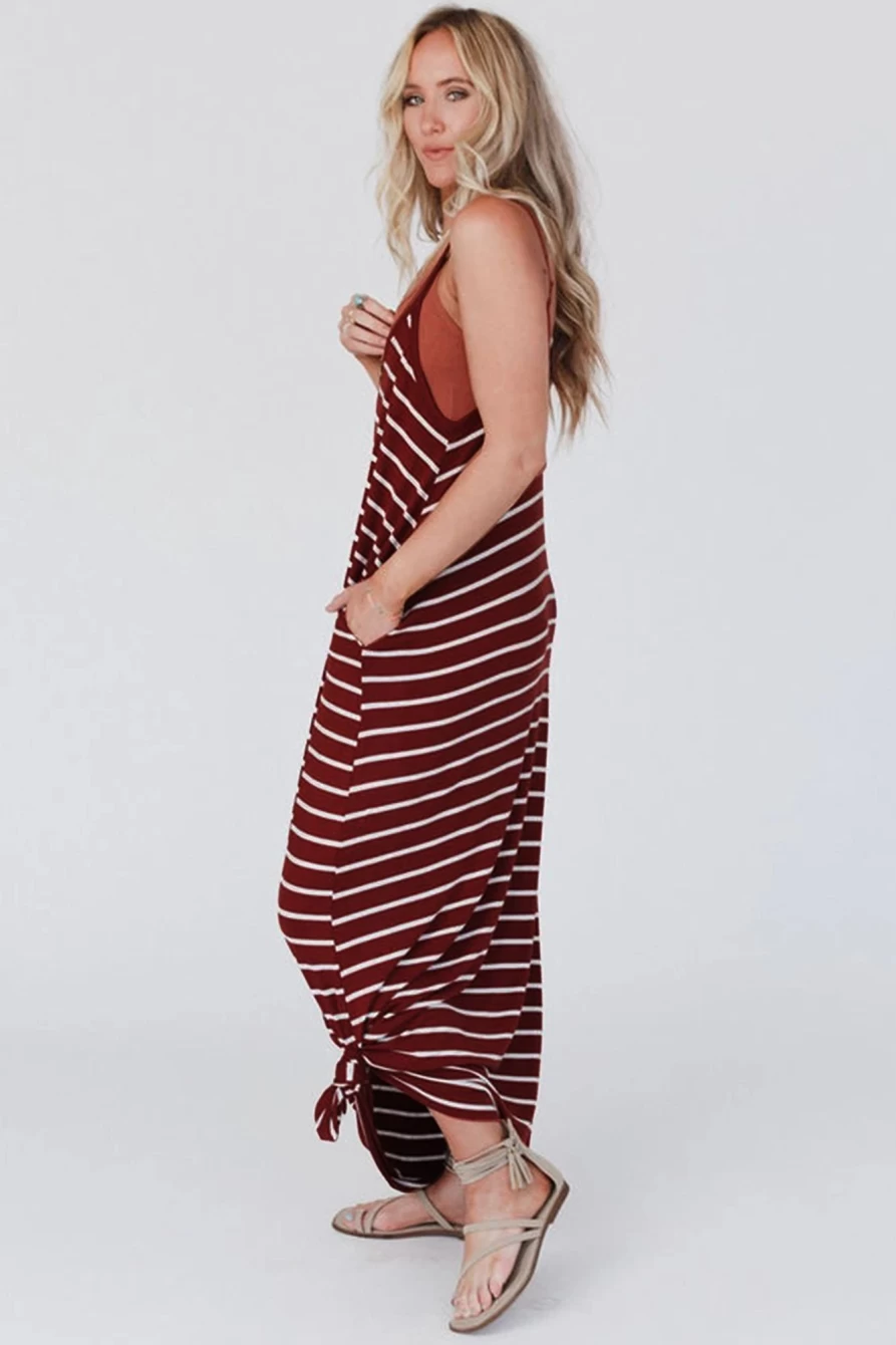 Shewin Women's Red Stripe Print Side Pockets Spaghetti Straps Maxi Dress