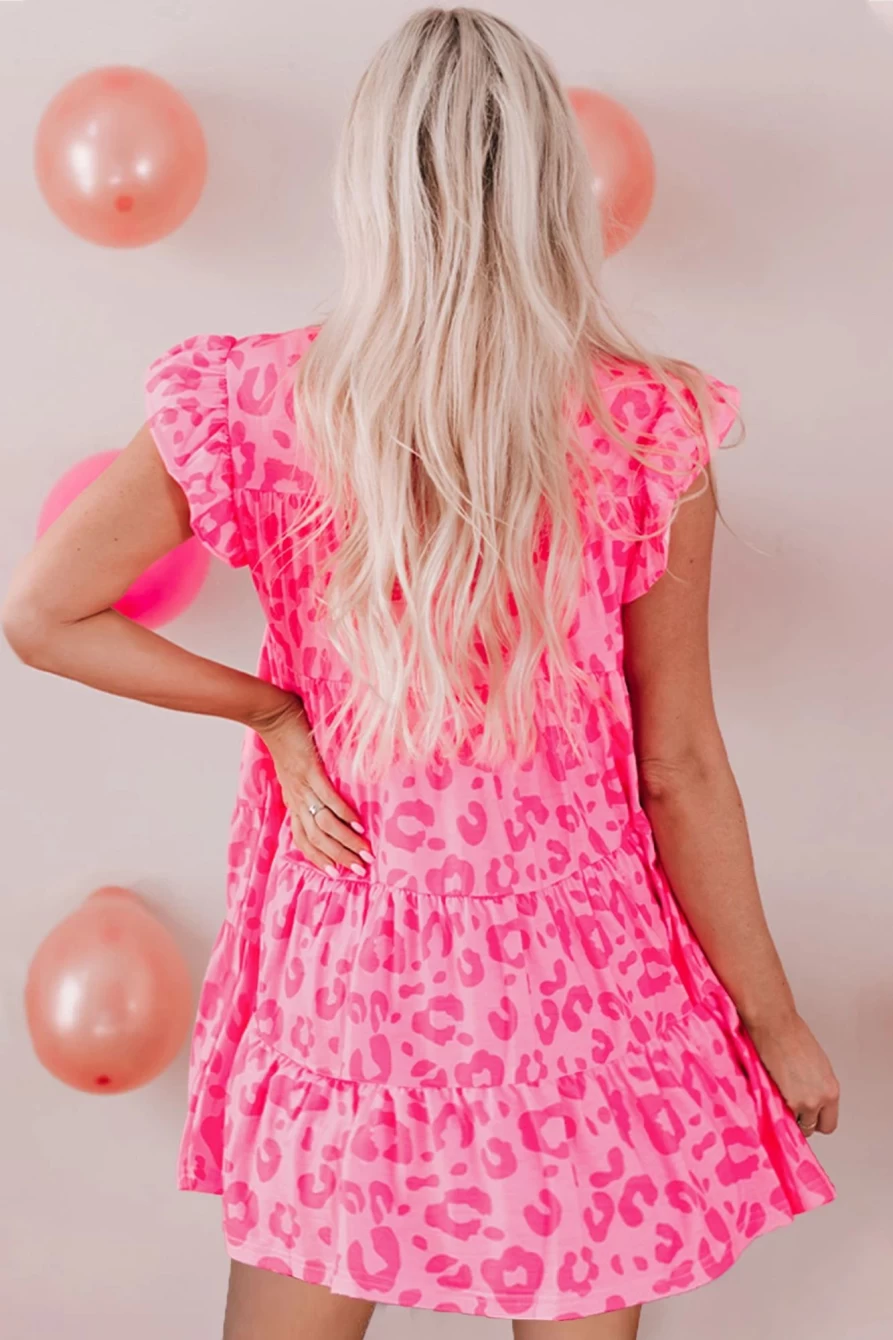 Shewin Women's Leopard Print Round Neck Ruffle Tiered Mini Dress