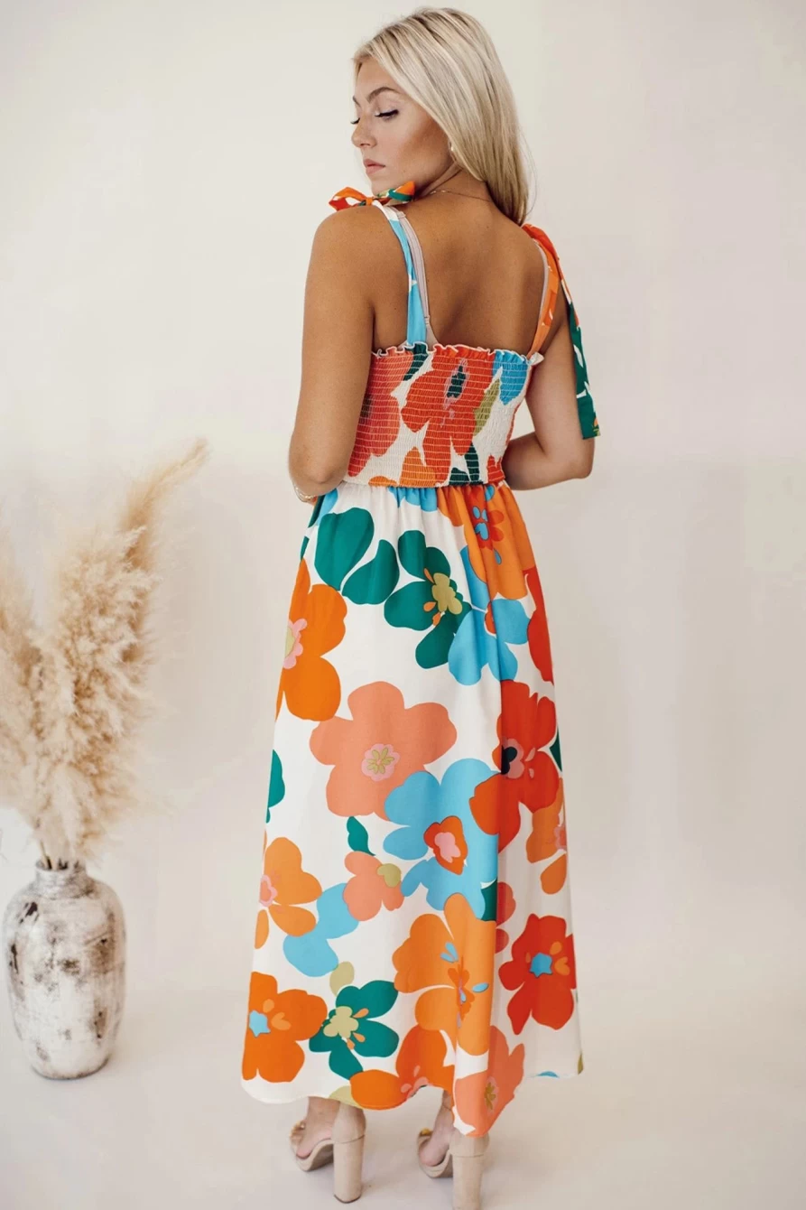 Shewin Women's Orange Floral Print Smocked Maxi Dress with Shoulder Tie Detail