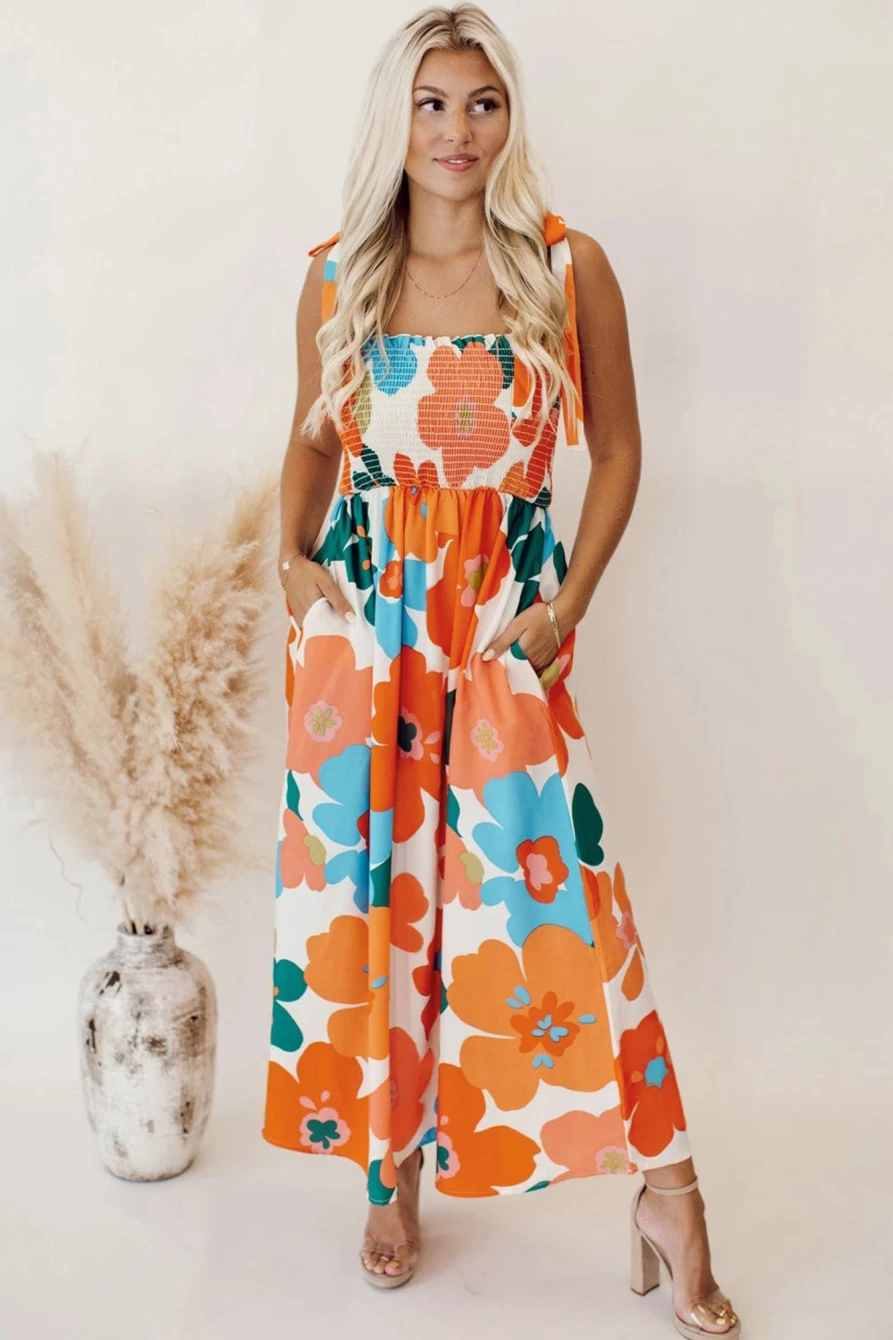 Shewin Women's Orange Floral Print Smocked Maxi Dress with Shoulder Tie Detail
