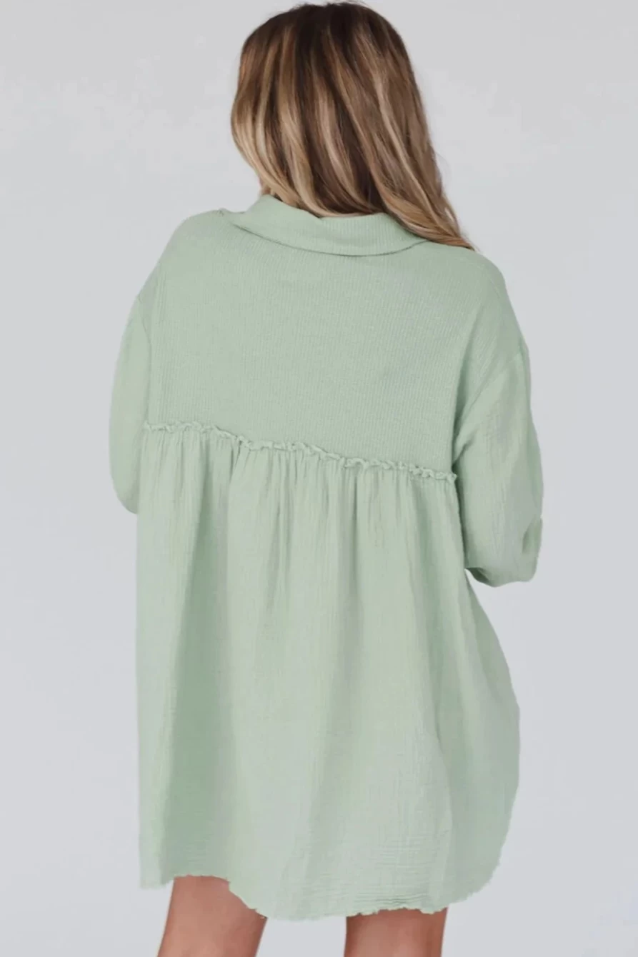 Shewin Women's Green Patchwork Crinkled Puff Sleeve Raw Hem Dress
