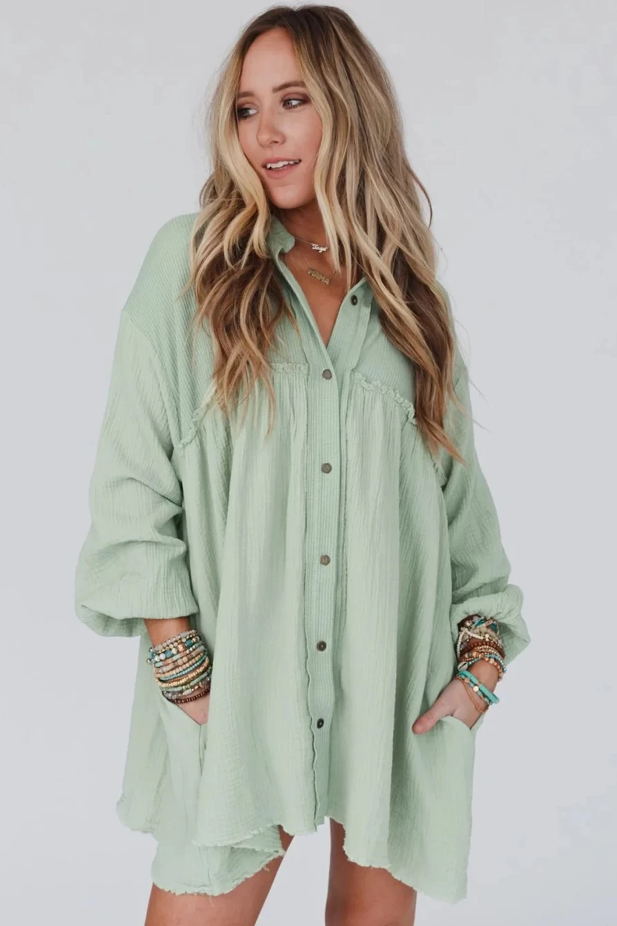 Shewin Women's Green Patchwork Crinkled Puff Sleeve Raw Hem Dress