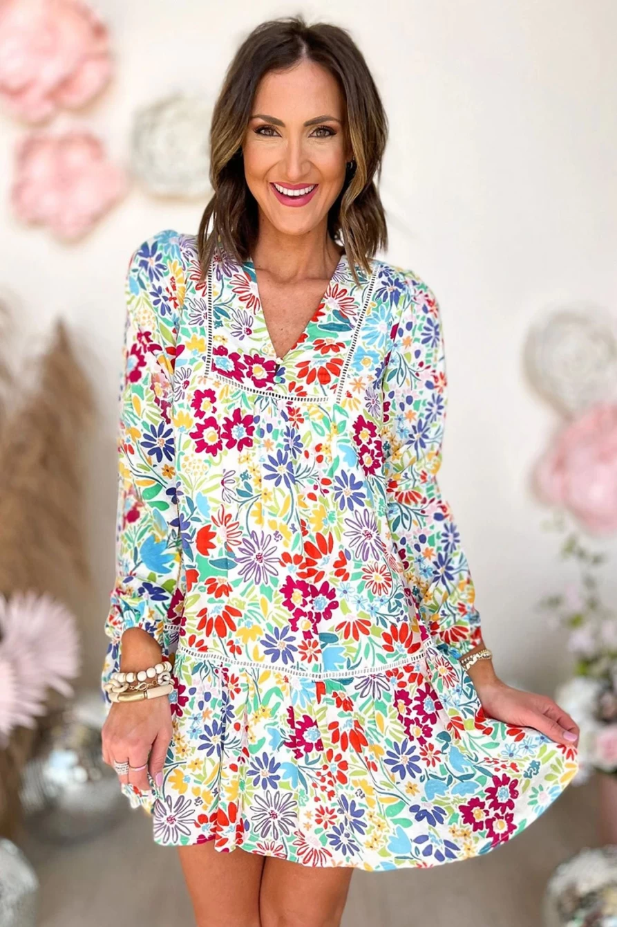 Shewin Women's Floral Lace Eyelet V-Neck Short Dress - Multicolor Boho Summer Dress