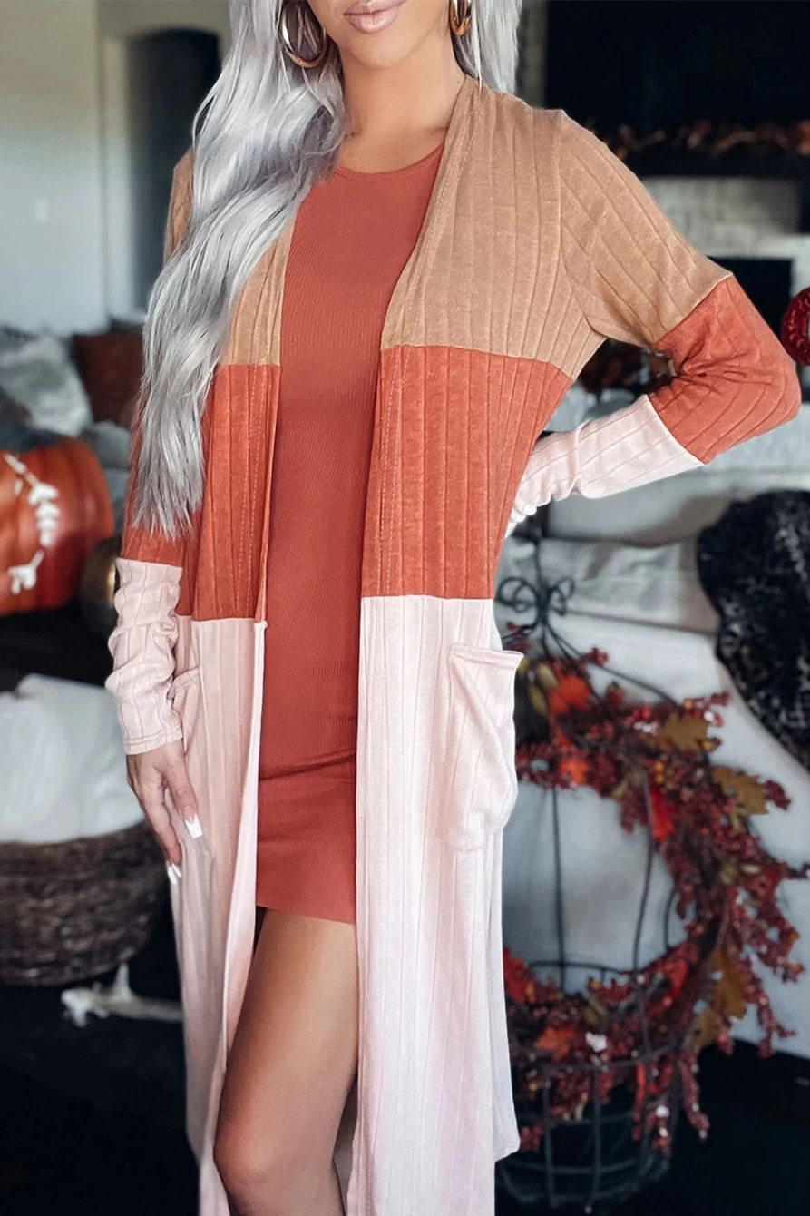 Women's Orange Colorblock Pocketed Long Sleeve Cardigan - Shewin