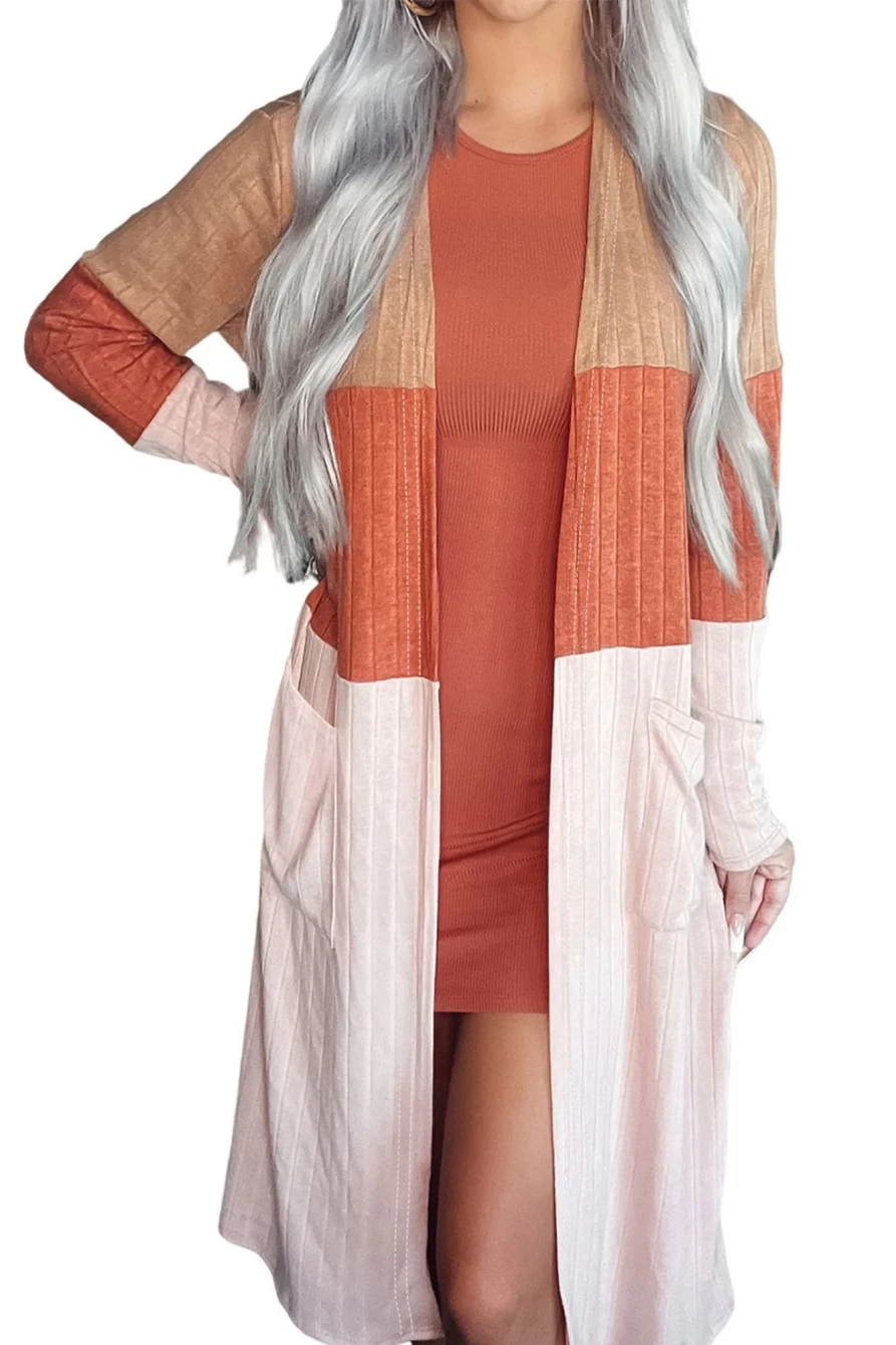 Women's Orange Colorblock Pocketed Long Sleeve Cardigan - Shewin