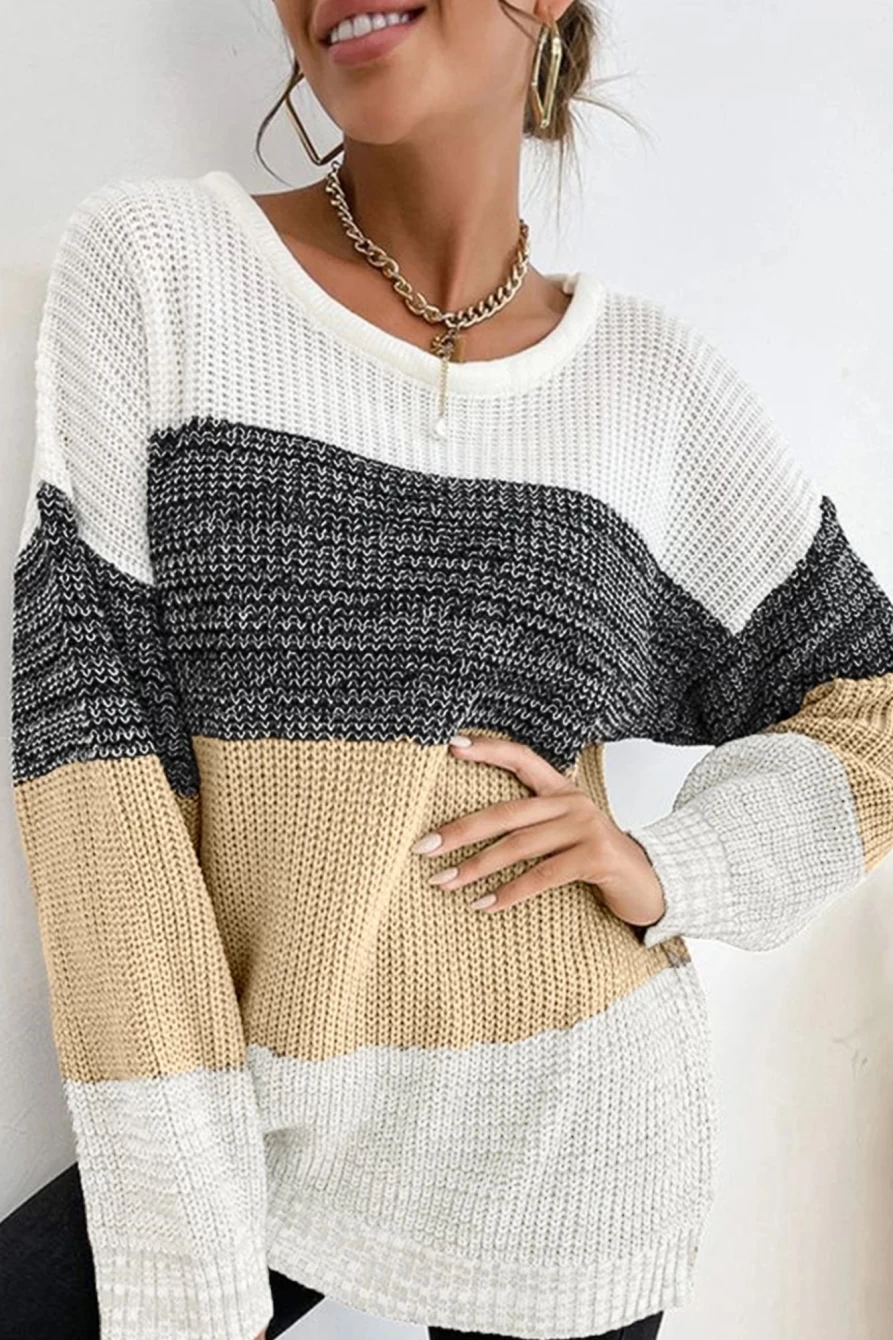 Shewin Women's Multicolour Cable Knit Sweater with Drop Sleeve & Color Block Design