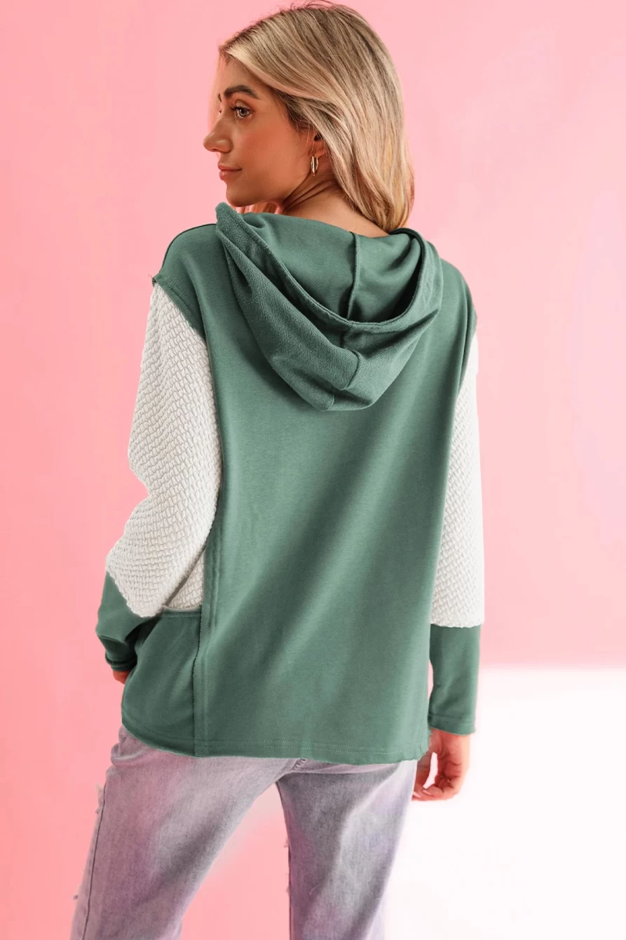 Shewin Women's Mist Green Textured Sleeve Hoodie with Raw Hem Detail