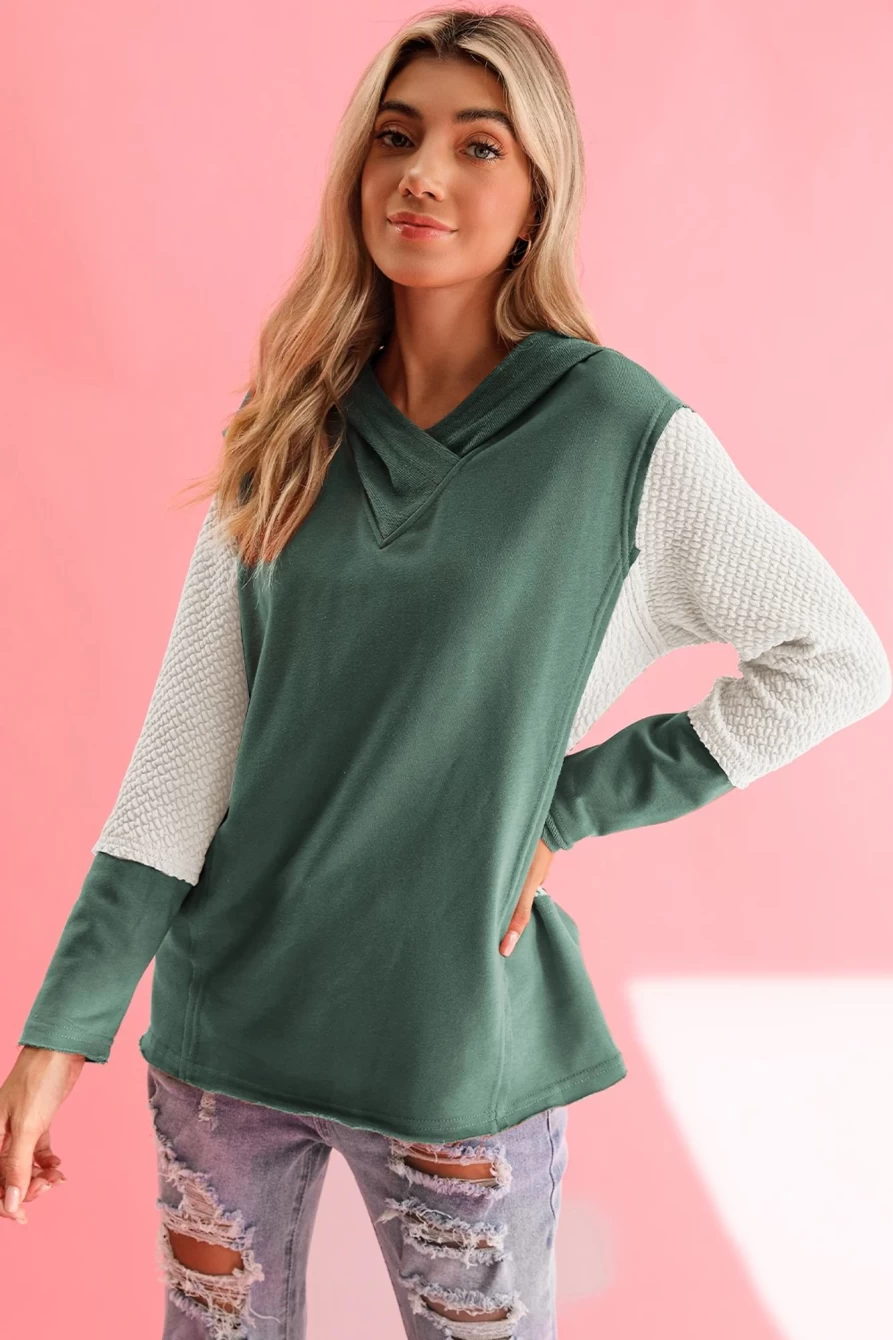 Shewin Women's Mist Green Textured Sleeve Hoodie with Raw Hem Detail
