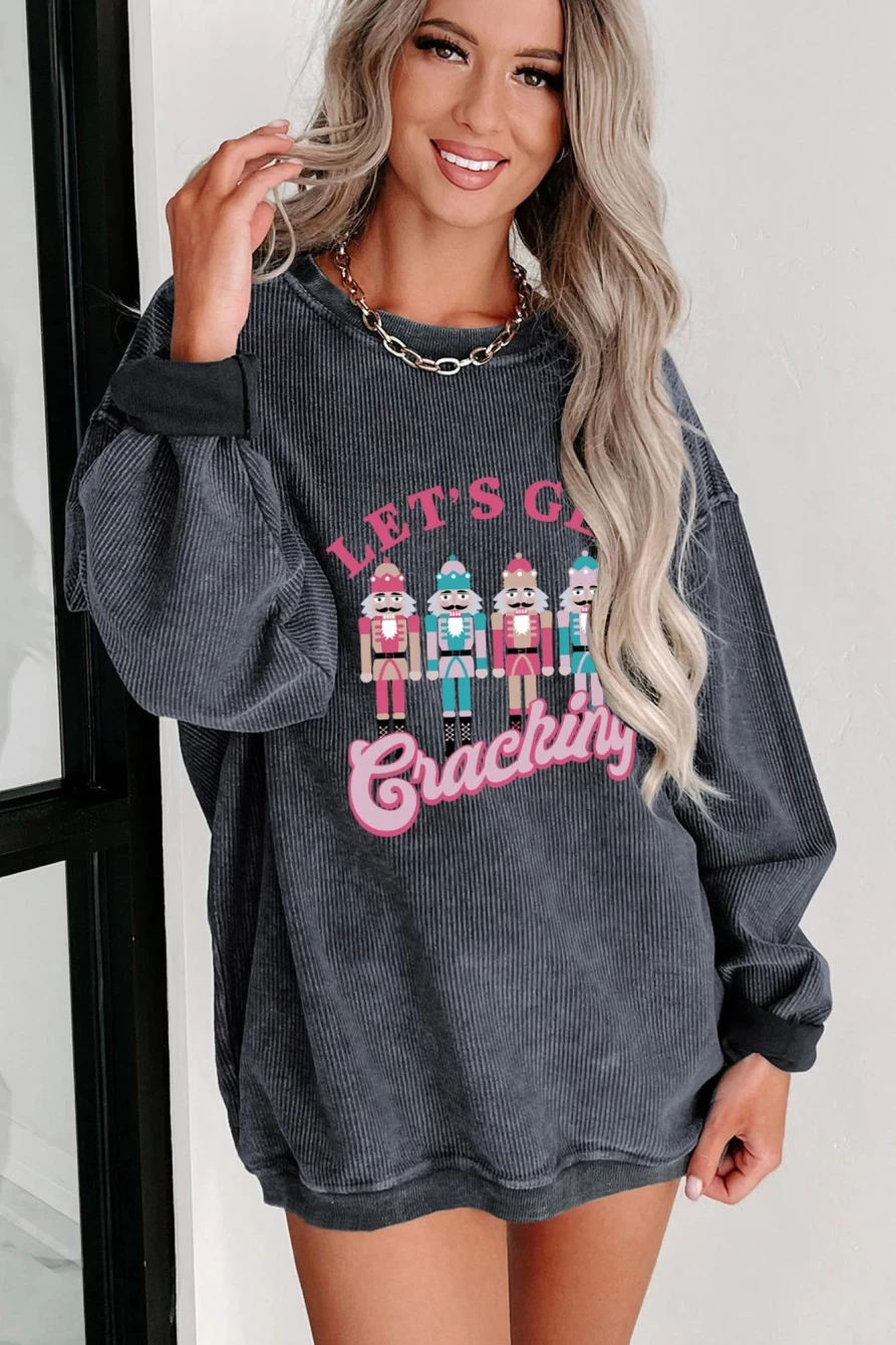Shewin Women's Gray Graphic Sweatshirt with Nutcracker Design - "Let's Get Cracking" Holiday Pullover