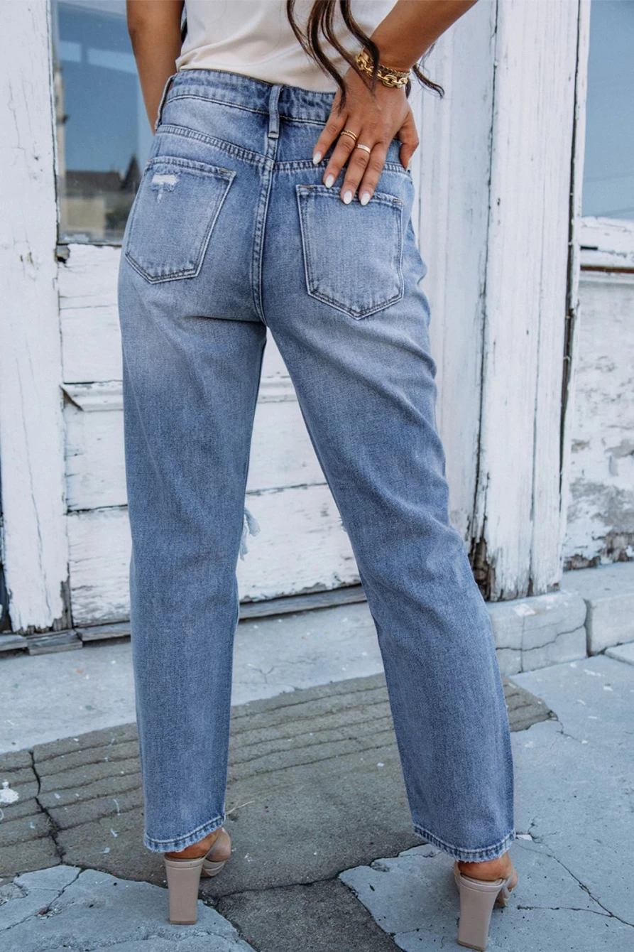 Shewin Women's Sky Blue Straight Leg Jeans with Knee Cutout Detail