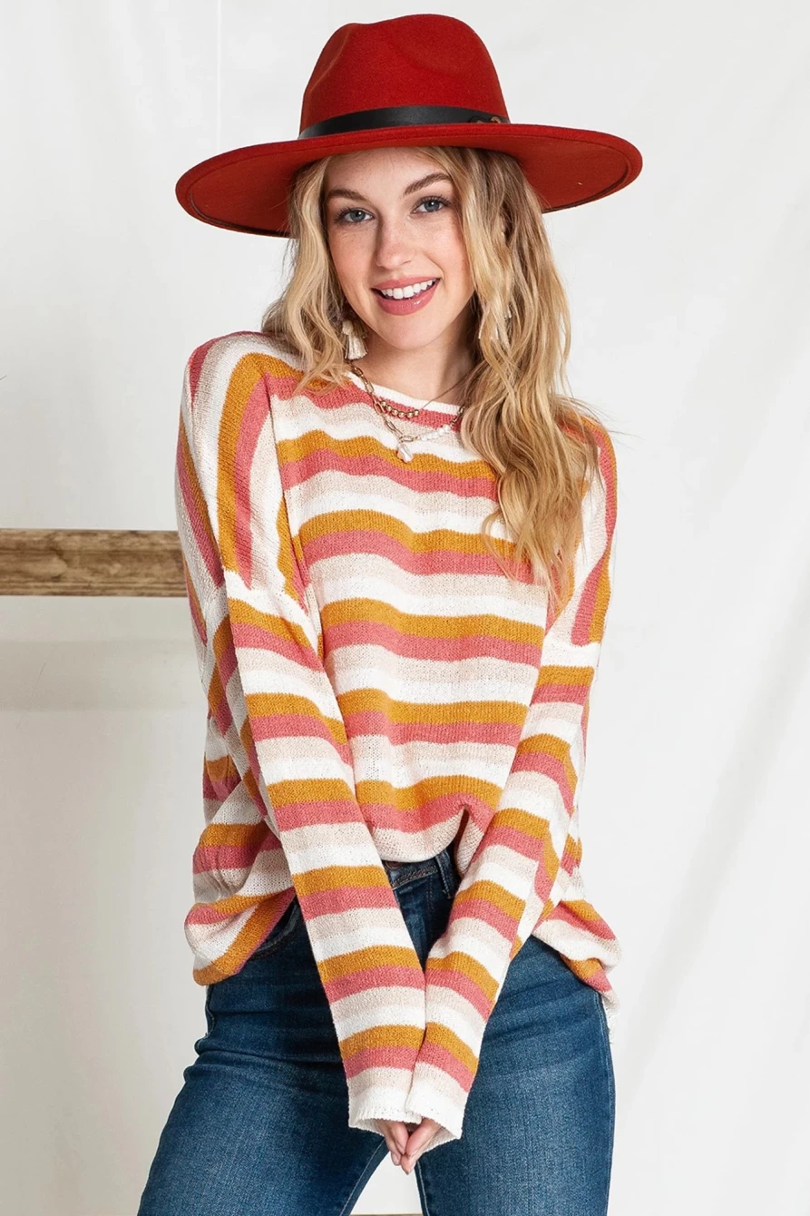 Shewin Women's Orange Striped Knitted Pullover Sweater with Drop Shoulder and Long Sleeves
