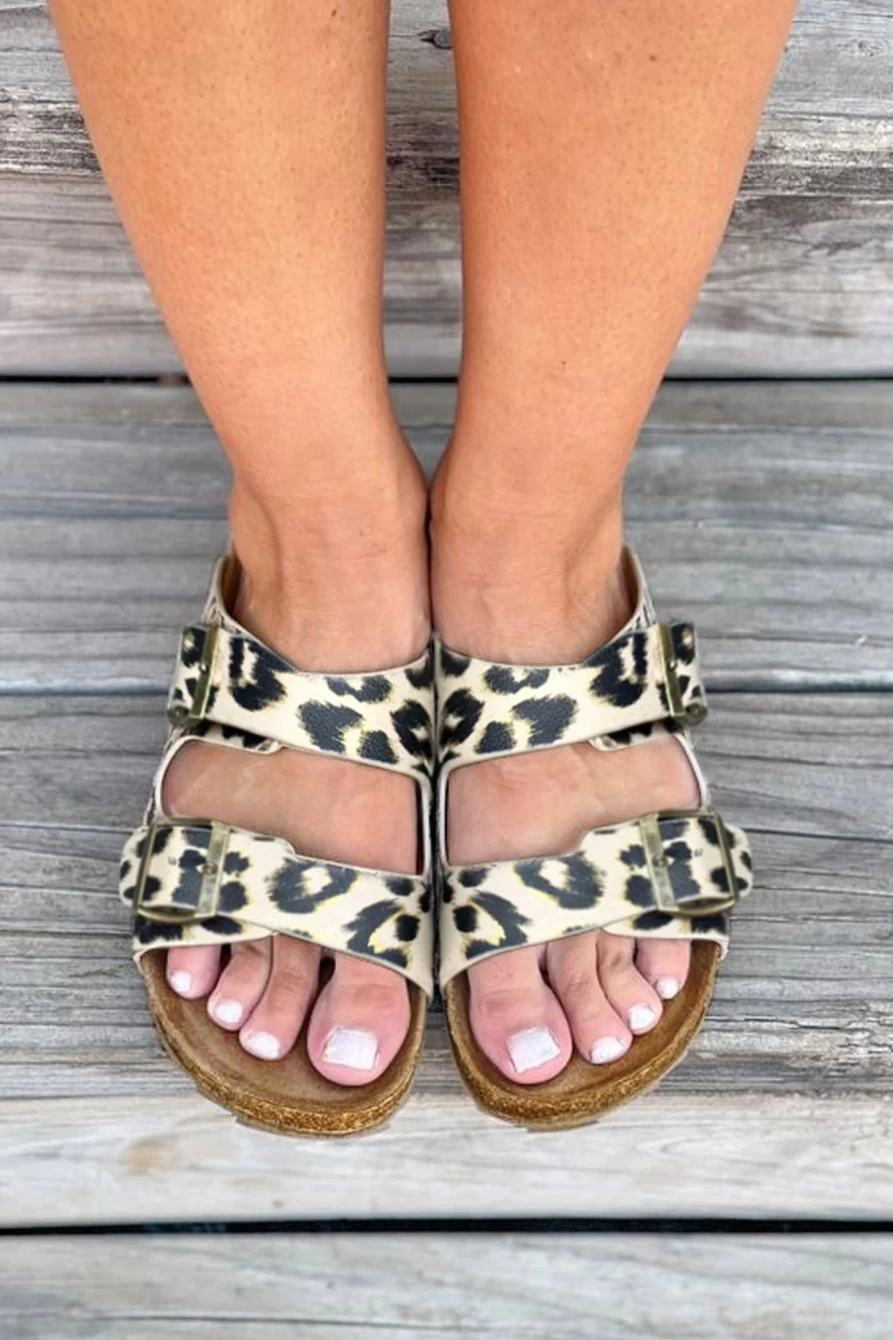 Shewin Women's Leopard Print PU Leather Square Buckle Sandals