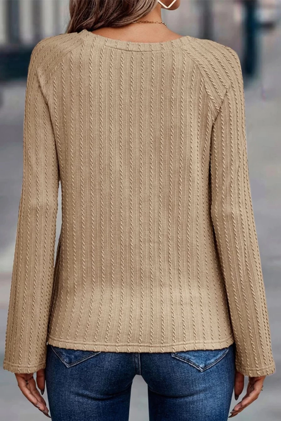 Shewin Women's Khaki Ribbed Knit Long Sleeve Round Neck Top