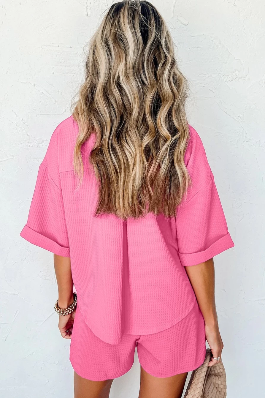 Shewin Women's Bright Pink Textured Half Sleeve Shirt & Shorts Set with Chest Pocket