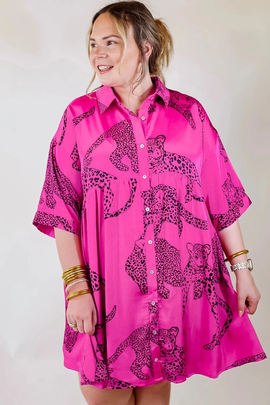Shewin Women's Rose Cheetah Print Plus Size Mini Dress with Half Sleeves & Button Detail