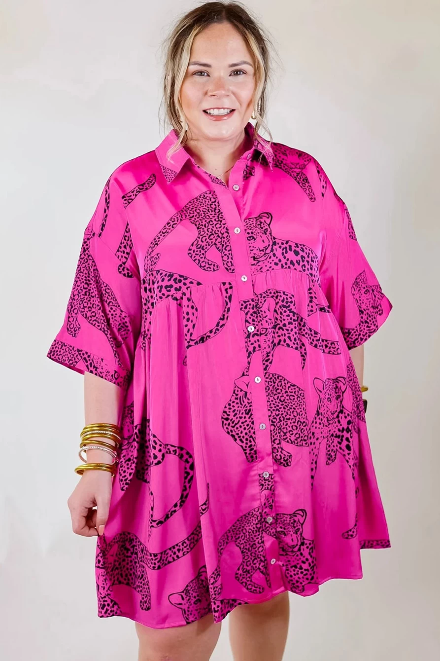 Shewin Women's Rose Cheetah Print Plus Size Mini Dress with Half Sleeves & Button Detail