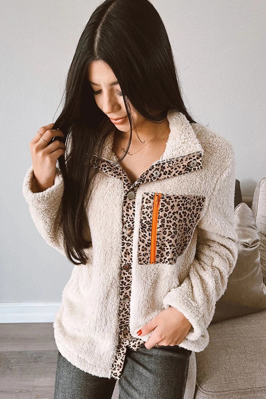 Shewin Women's Apricot Leopard Print Patchwork High Neck Zip-Up Fleece Jacket