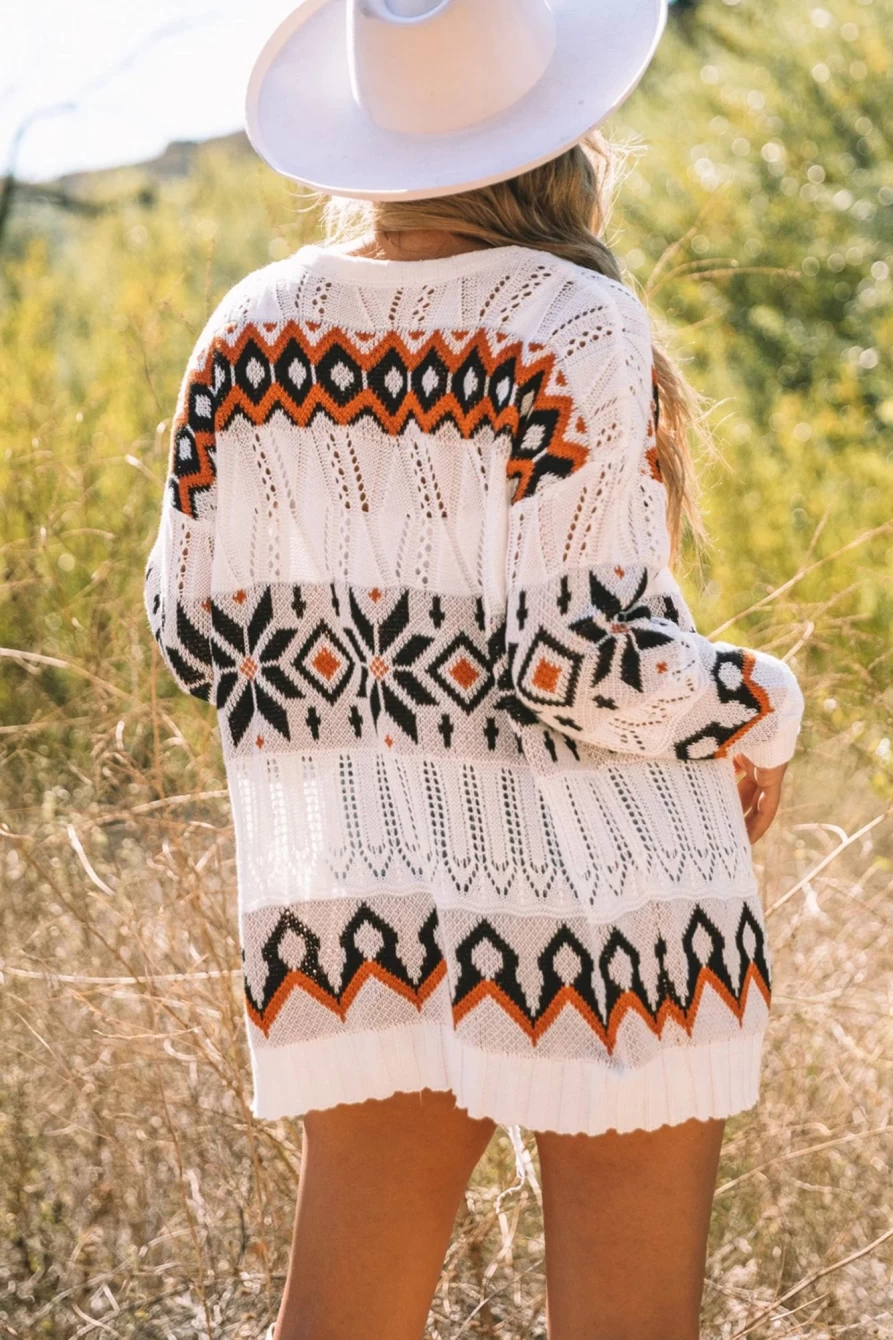 Shewin Women's White Tribal Pattern Long Cardigan with Cut Out Knit Design