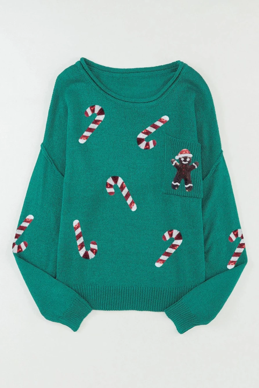 Shewin Women's Green Sequined Gingerbread Man Christmas Sweater with Candy Cane Design