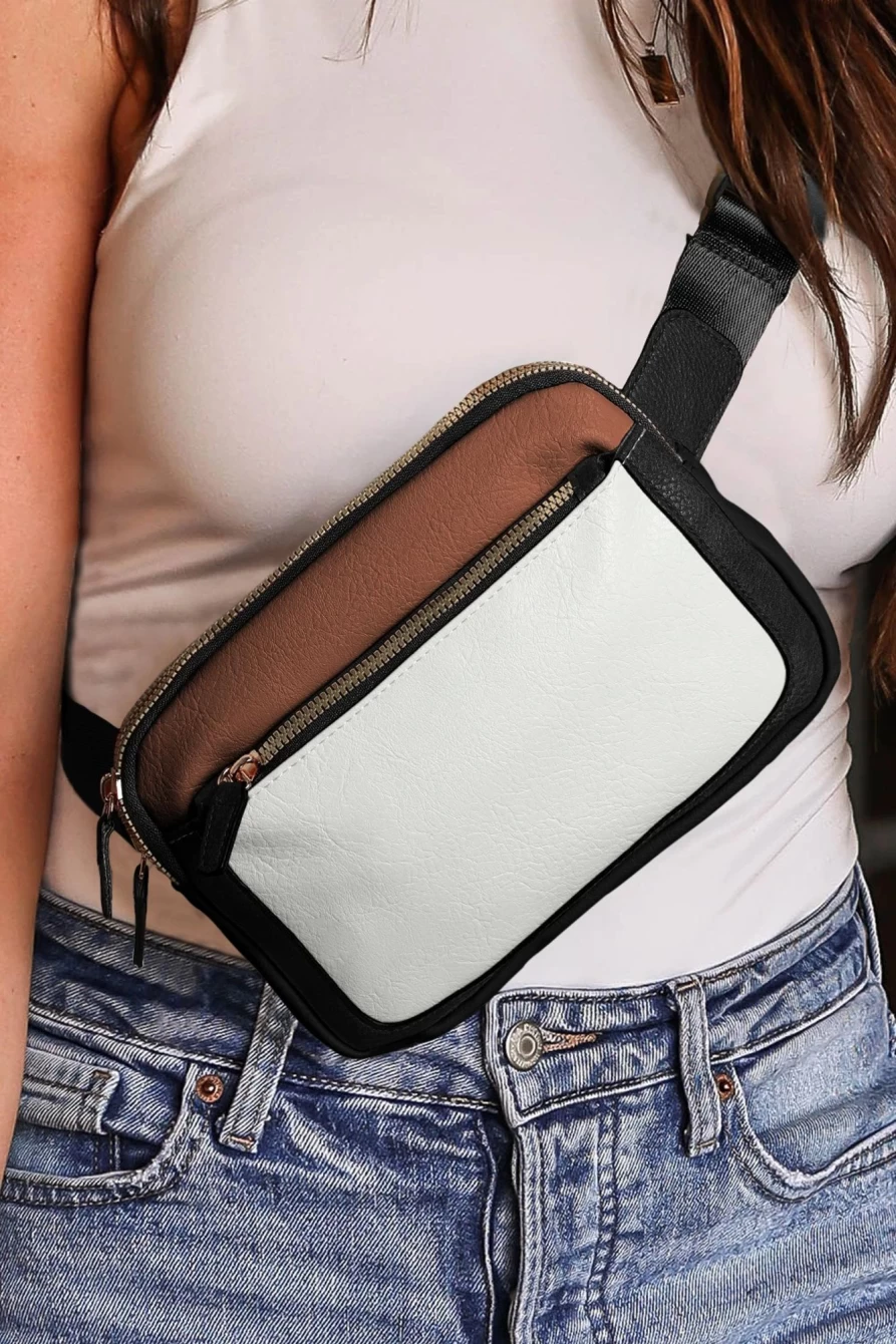 Shewin Women's White PU Leather Color Block Crossbody Bag with Adjustable Belt