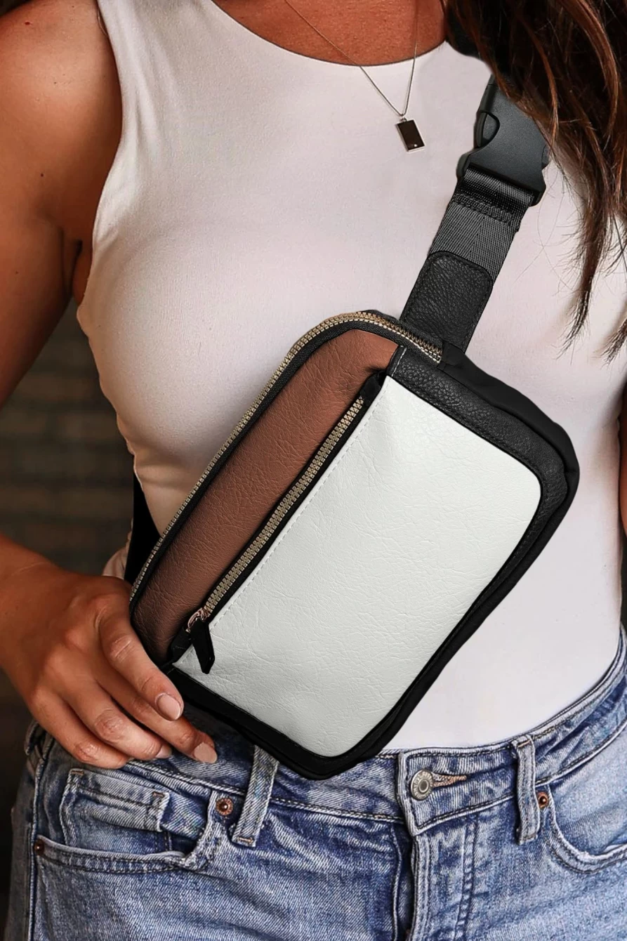 Shewin Women's White PU Leather Color Block Crossbody Bag with Adjustable Belt