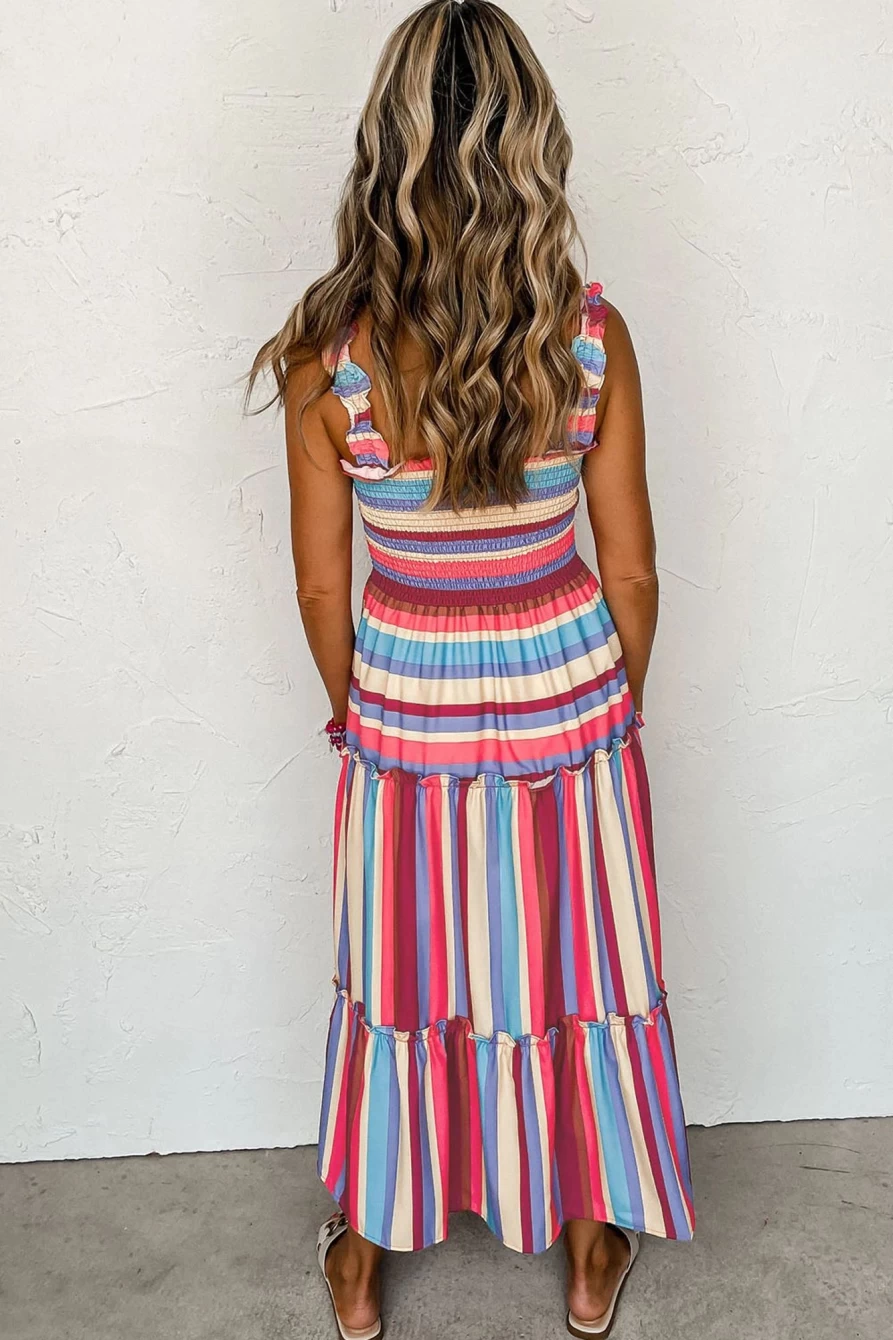 Shewin Women's Red Stripe Ruffled Straps Smocked Tiered Long Dress