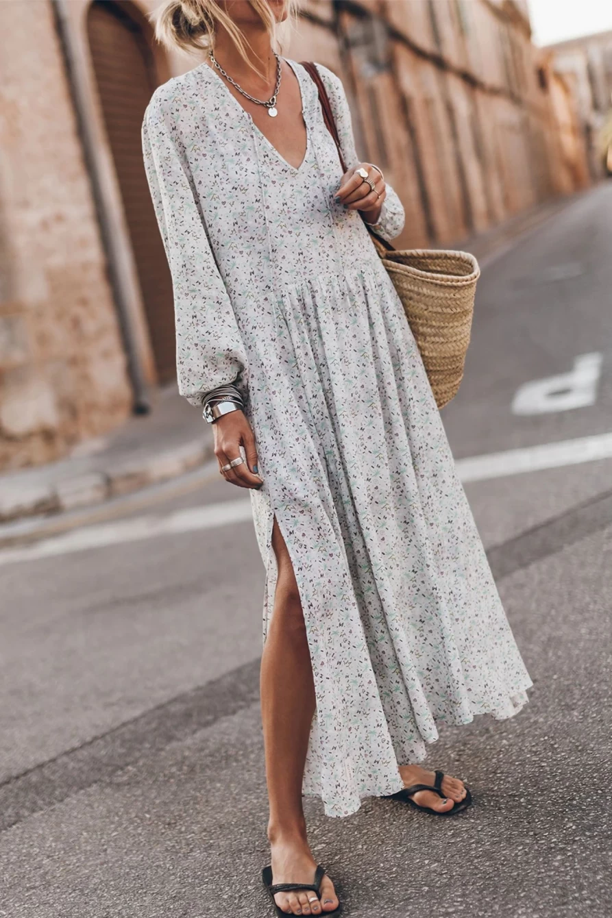 Shewin Women's Floral Print V-Neck Slit Maxi Dress in Multicolor