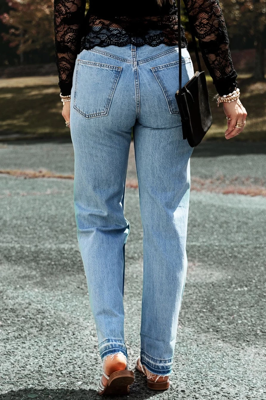 "SheWin Women's Light Blue Distressed Raw Edge Straight Leg Jeans"
