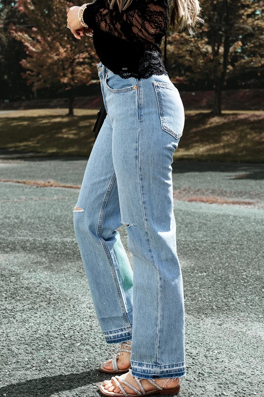 "SheWin Women's Light Blue Distressed Raw Edge Straight Leg Jeans"