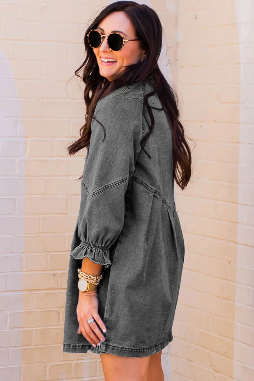 Shewin Women's Gray Casual Denim Short Dress with Buttoned Ruffle Cuffs